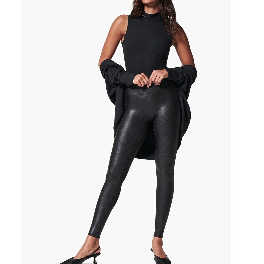 NEW Spanx Faux Leather Leggings Black Tummy Control Stretch Women's 2X Plus